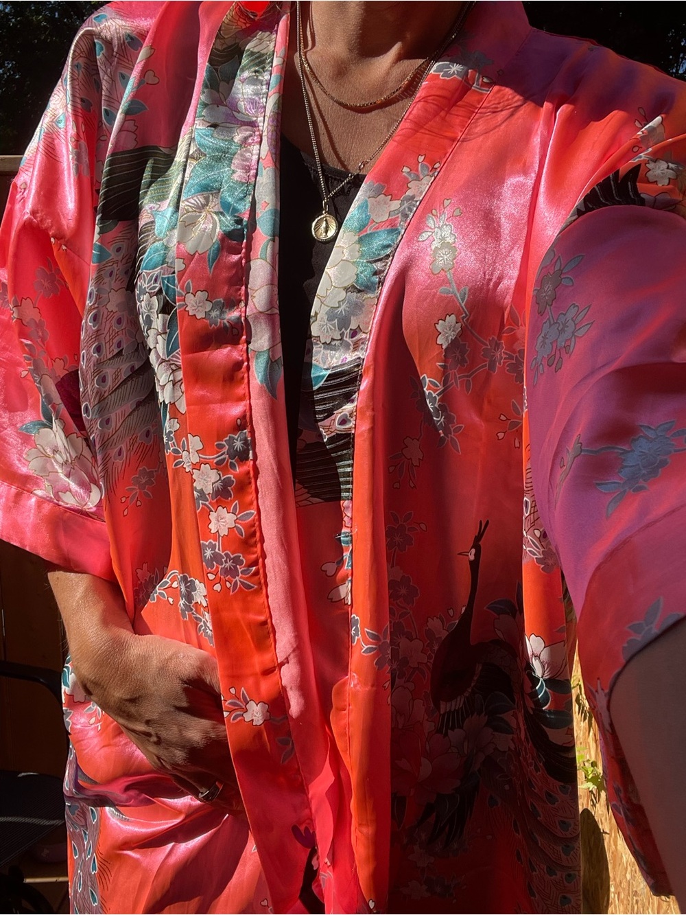 Silky Peacock Print Coral Kimono Robe